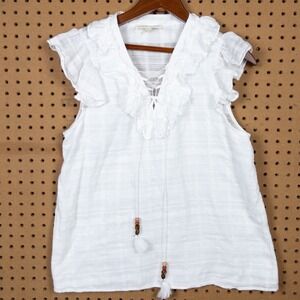 Farmers Market White Cotton Peasant Blouse Ruffle Trim Textured Top Small